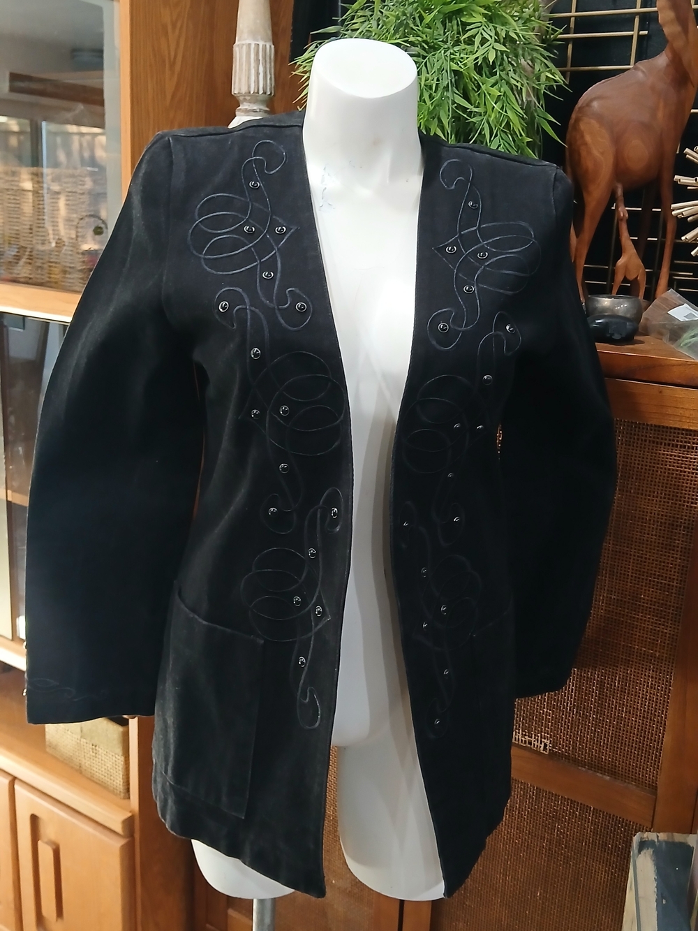 Wanted Black Denim Embroidered Western Open-Front Blazer